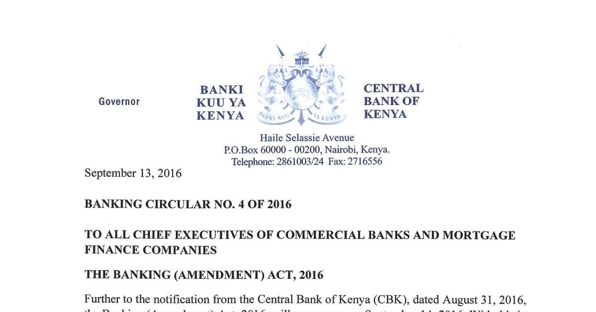 Banking Circular No 4 of 2016 - The Banking Amendment Act 2016 — CBK ...