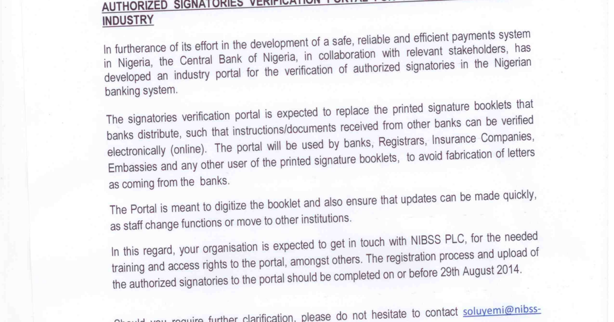 Authorized Signatories Verification Portal for the Nigerian Banking ...