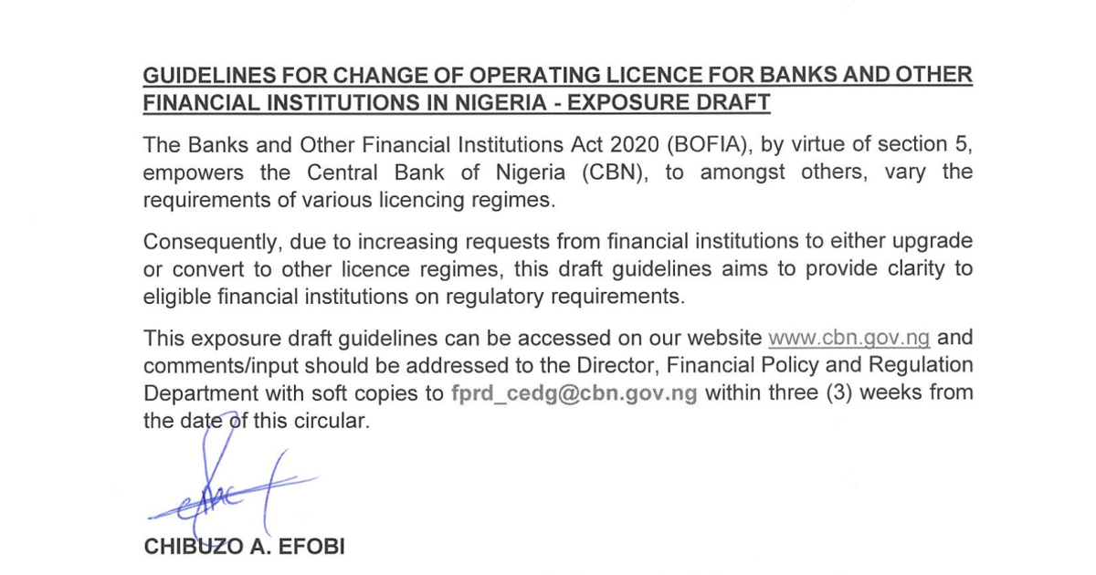 Guidelines for Change of Operating Licence for Banks and Other ...