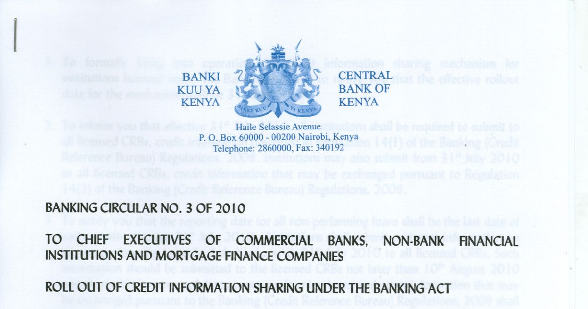 Banking Circular No 3 of 2010 - Roll Out of Credit Information Sharing ...